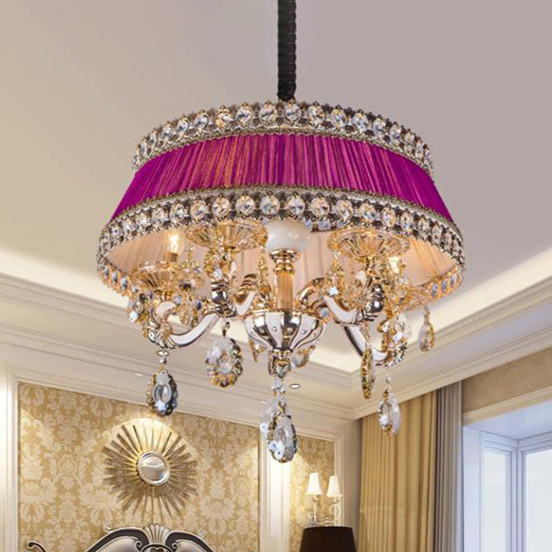 Candle Style Crystal Drop Ceiling Lamp Contemporary 5 Heads Living Room Chandelier Lighting in Blue/Purple with Fabric Shade Clearhalo 'Ceiling Lights' 'Chandeliers' Lighting' options 286872