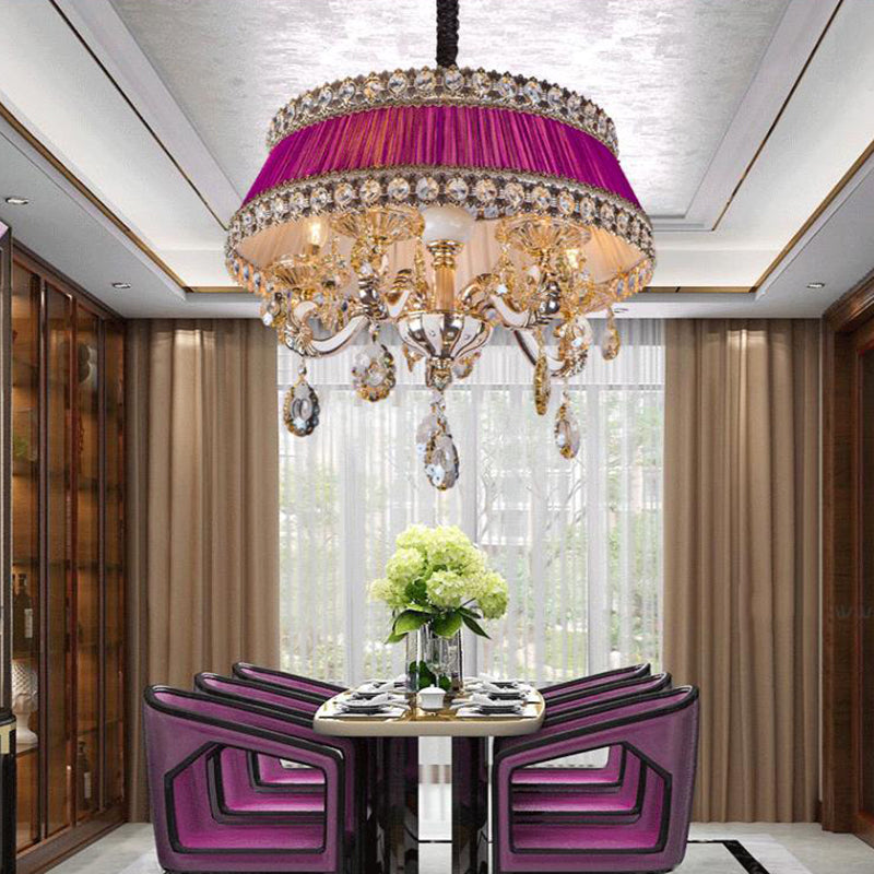 Candle Style Crystal Drop Ceiling Lamp Contemporary 5 Heads Living Room Chandelier Lighting in Blue/Purple with Fabric Shade Clearhalo 'Ceiling Lights' 'Chandeliers' Lighting' options 286873