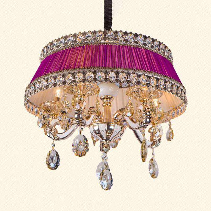 Candle Style Crystal Drop Ceiling Lamp Contemporary 5 Heads Living Room Chandelier Lighting in Blue/Purple with Fabric Shade Clearhalo 'Ceiling Lights' 'Chandeliers' Lighting' options 286874