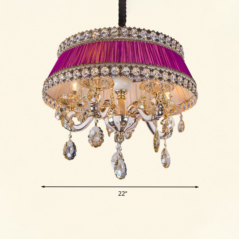 Candle Style Crystal Drop Ceiling Lamp Contemporary 5 Heads Living Room Chandelier Lighting in Blue/Purple with Fabric Shade Clearhalo 'Ceiling Lights' 'Chandeliers' Lighting' options 286875