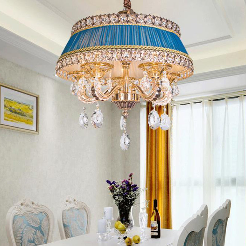 Candle Style Crystal Drop Ceiling Lamp Contemporary 5 Heads Living Room Chandelier Lighting in Blue/Purple with Fabric Shade Clearhalo 'Ceiling Lights' 'Chandeliers' Lighting' options 286876