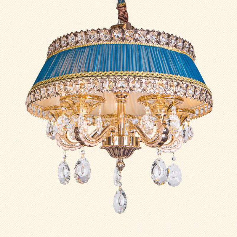 Candle Style Crystal Drop Ceiling Lamp Contemporary 5 Heads Living Room Chandelier Lighting in Blue/Purple with Fabric Shade Clearhalo 'Ceiling Lights' 'Chandeliers' Lighting' options 286877