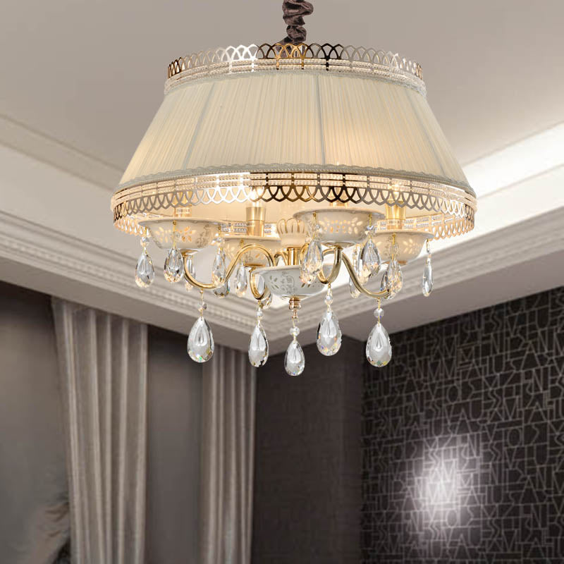 Empire Shape Fabric Chandelier Light Contemporary 4 Heads Bedroom Pendant Ceiling Light in Gray/Beige with Crystal Drop Clearhalo 'Ceiling Lights' 'Chandeliers' Lighting' options 286880