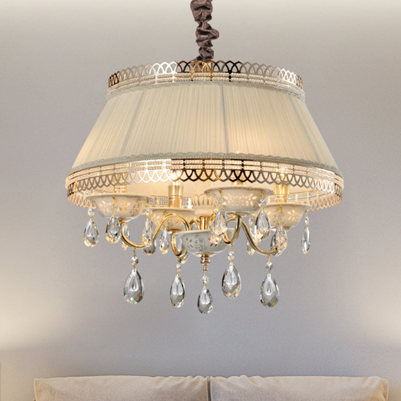 Empire Shape Fabric Chandelier Light Contemporary 4 Heads Bedroom Pendant Ceiling Light in Gray/Beige with Crystal Drop Clearhalo 'Ceiling Lights' 'Chandeliers' Lighting' options 286881