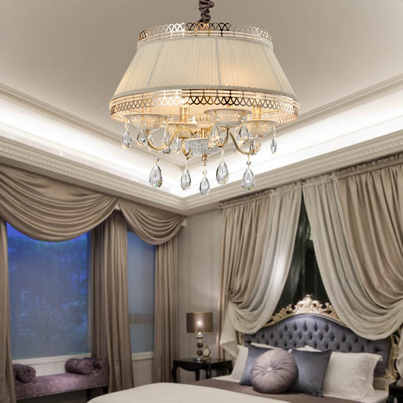 Empire Shape Fabric Chandelier Light Contemporary 4 Heads Bedroom Pendant Ceiling Light in Gray/Beige with Crystal Drop Clearhalo 'Ceiling Lights' 'Chandeliers' Lighting' options 286882