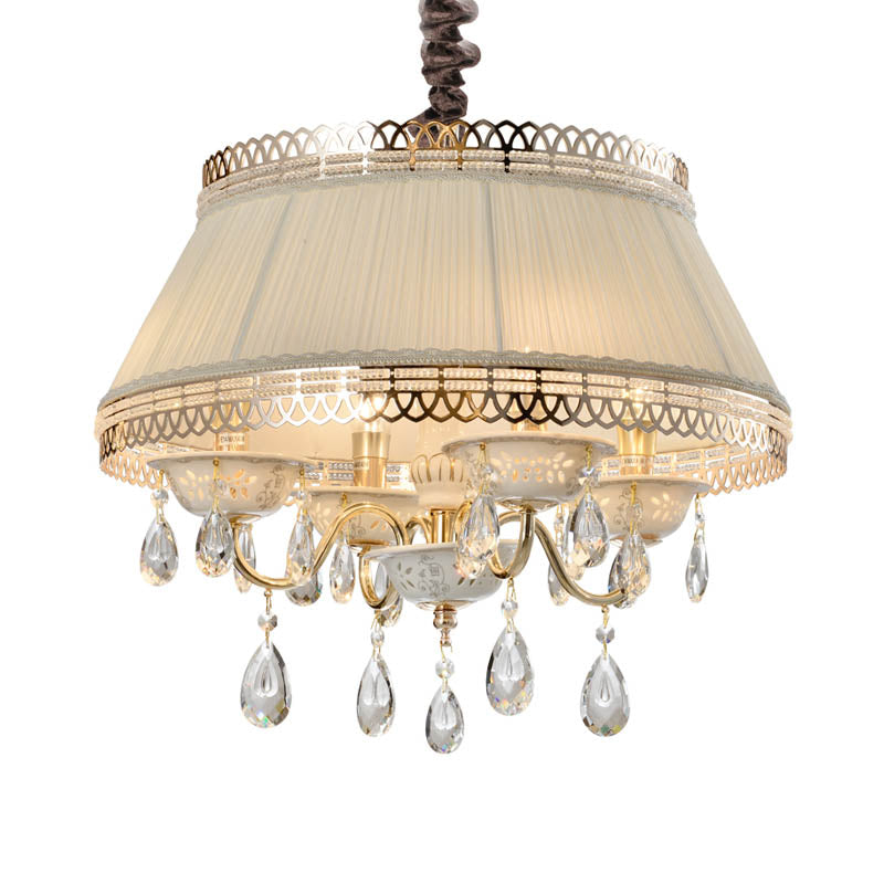 Empire Shape Fabric Chandelier Light Contemporary 4 Heads Bedroom Pendant Ceiling Light in Gray/Beige with Crystal Drop Clearhalo 'Ceiling Lights' 'Chandeliers' Lighting' options 286883