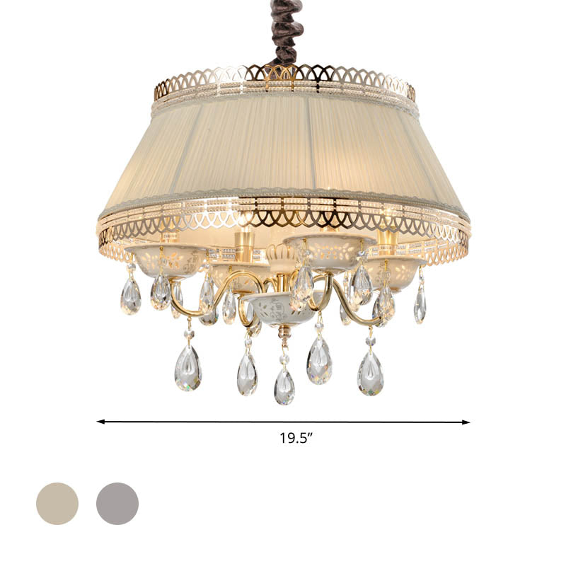 Empire Shape Fabric Chandelier Light Contemporary 4 Heads Bedroom Pendant Ceiling Light in Gray/Beige with Crystal Drop Clearhalo 'Ceiling Lights' 'Chandeliers' Lighting' options 286884