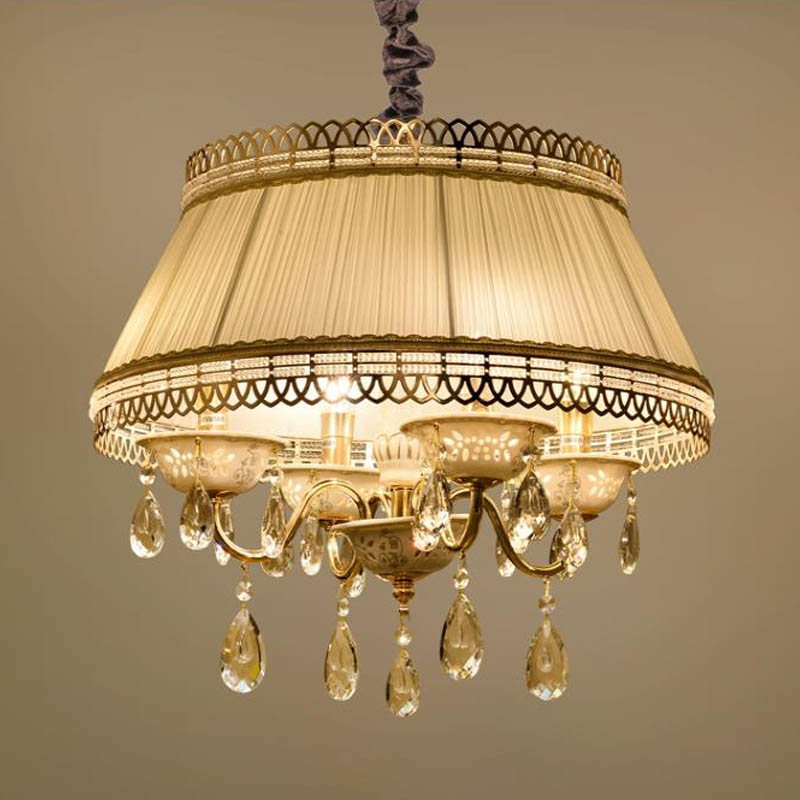 Empire Shape Fabric Chandelier Light Contemporary 4 Heads Bedroom Pendant Ceiling Light in Gray/Beige with Crystal Drop Grey Clearhalo 'Ceiling Lights' 'Chandeliers' Lighting' options 286885_4e1de3e9-f75f-4aaa-ab10-fc5e8ed339d2