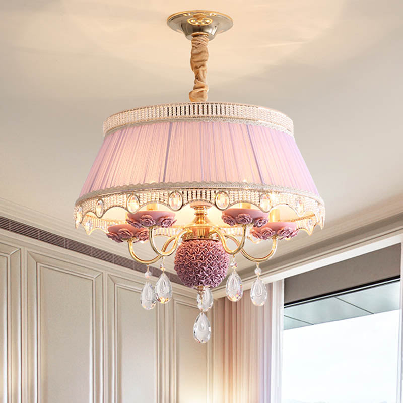 Fabric Scalloped Chandelier Lighting Modern 5 Heads Pink/Blue/Purple Hanging Ceiling Light with Crystal Drop Clearhalo 'Ceiling Lights' 'Chandeliers' 'Modern Chandeliers' 'Modern' Lighting' 286895