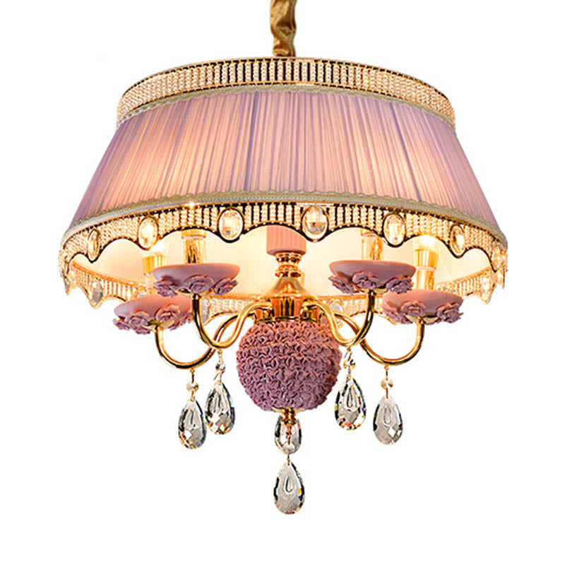 Fabric Scalloped Chandelier Lighting Modern 5 Heads Pink/Blue/Purple Hanging Ceiling Light with Crystal Drop Clearhalo 'Ceiling Lights' 'Chandeliers' 'Modern Chandeliers' 'Modern' Lighting' 286897