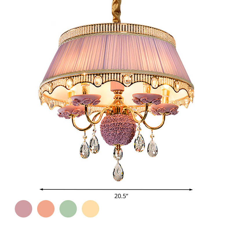 Fabric Scalloped Chandelier Lighting Modern 5 Heads Pink/Blue/Purple Hanging Ceiling Light with Crystal Drop Clearhalo 'Ceiling Lights' 'Chandeliers' 'Modern Chandeliers' 'Modern' Lighting' 286898