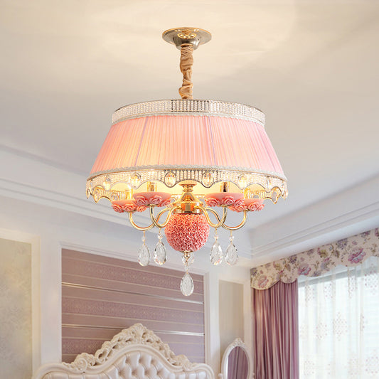 Fabric Scalloped Chandelier Lighting Modern 5 Heads Pink/Blue/Purple Hanging Ceiling Light with Crystal Drop Pink Clearhalo 'Ceiling Lights' 'Chandeliers' 'Modern Chandeliers' 'Modern' Lighting' 286899