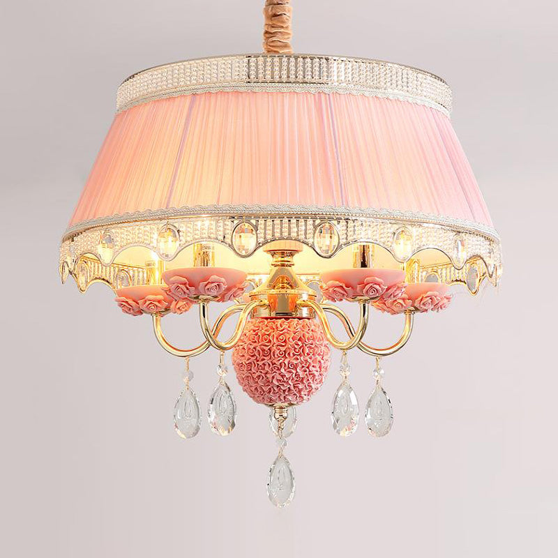 Fabric Scalloped Chandelier Lighting Modern 5 Heads Pink/Blue/Purple Hanging Ceiling Light with Crystal Drop Clearhalo 'Ceiling Lights' 'Chandeliers' 'Modern Chandeliers' 'Modern' Lighting' 286900