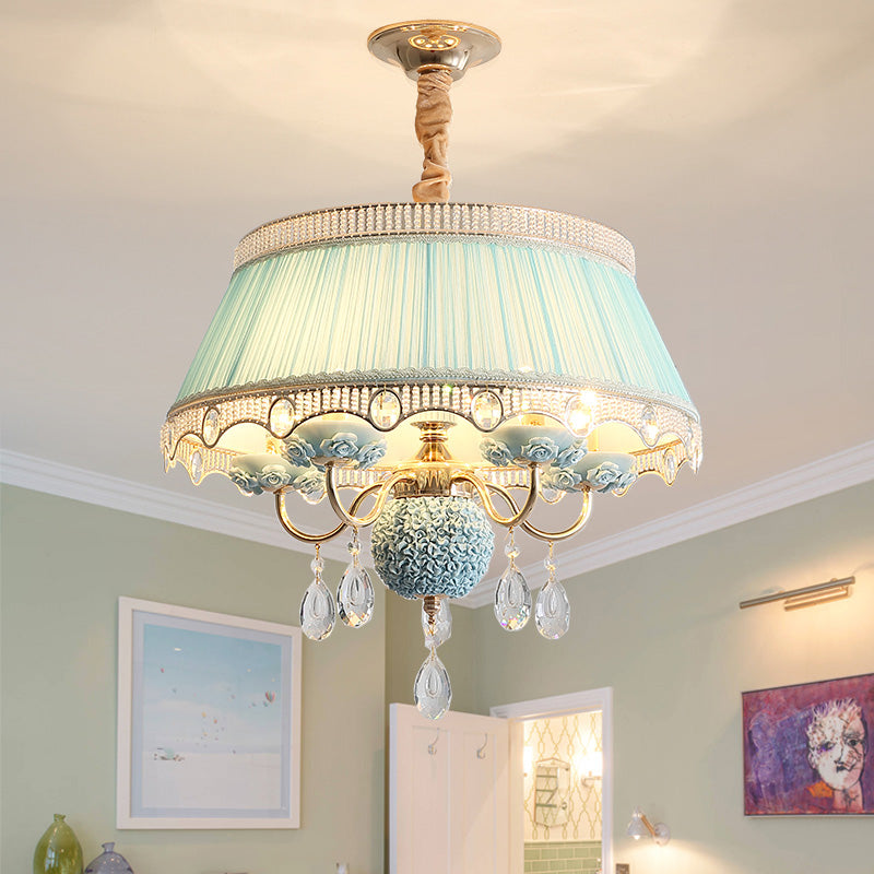 Fabric Scalloped Chandelier Lighting Modern 5 Heads Pink/Blue/Purple Hanging Ceiling Light with Crystal Drop Blue Clearhalo 'Ceiling Lights' 'Chandeliers' 'Modern Chandeliers' 'Modern' Lighting' 286901