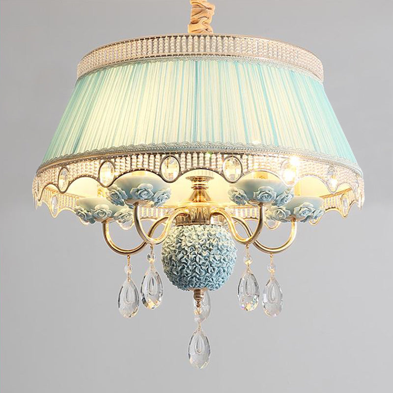 Fabric Scalloped Chandelier Lighting Modern 5 Heads Pink/Blue/Purple Hanging Ceiling Light with Crystal Drop Clearhalo 'Ceiling Lights' 'Chandeliers' 'Modern Chandeliers' 'Modern' Lighting' 286902