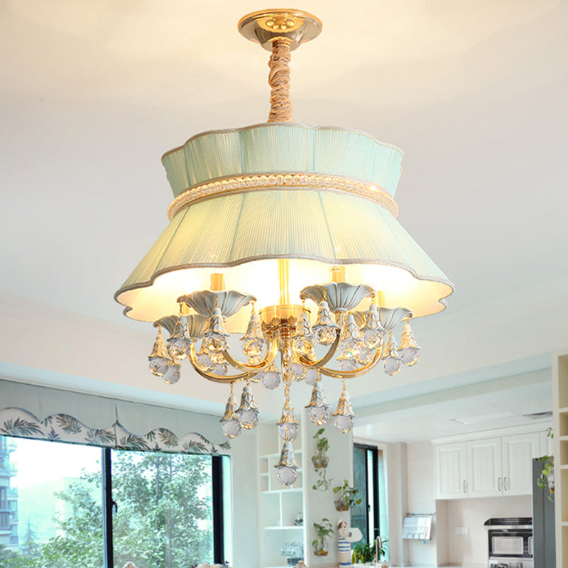 Modern Candelabra Hanging Light Kit 5 Heads Crystal Drop Pendant Chandelier in Blue/Pink with Fabric Shade Blue Clearhalo 'Ceiling Lights' 'Chandeliers' Lighting' options 286906_cf7b2a4d-9825-409f-88ab-f775a8c3884c