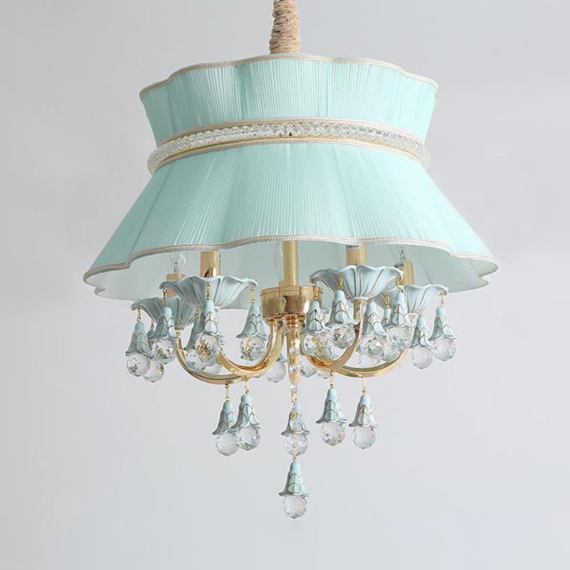 Modern Candelabra Hanging Light Kit 5 Heads Crystal Drop Pendant Chandelier in Blue/Pink with Fabric Shade Clearhalo 'Ceiling Lights' 'Chandeliers' Lighting' options 286909