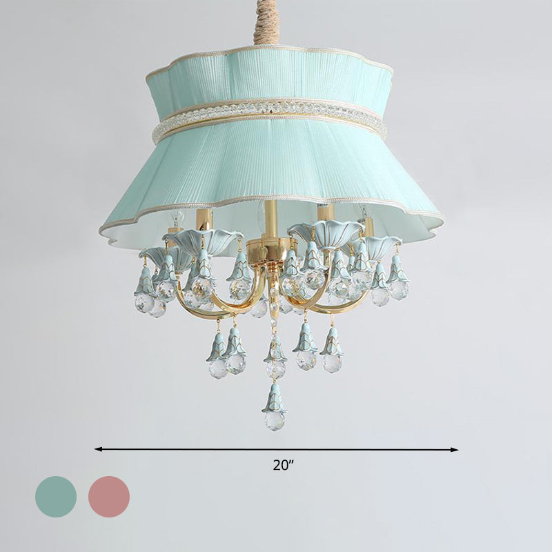 Modern Candelabra Hanging Light Kit 5 Heads Crystal Drop Pendant Chandelier in Blue/Pink with Fabric Shade Clearhalo 'Ceiling Lights' 'Chandeliers' Lighting' options 286910