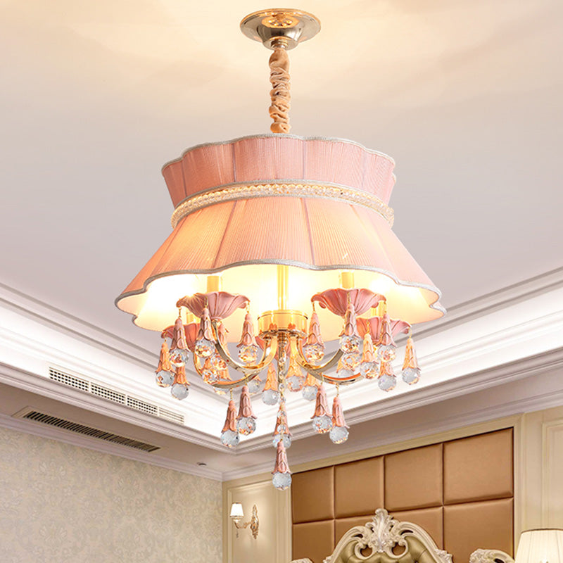 Modern Candelabra Hanging Light Kit 5 Heads Crystal Drop Pendant Chandelier in Blue/Pink with Fabric Shade Pink Clearhalo 'Ceiling Lights' 'Chandeliers' Lighting' options 286911_1a6f2b22-afd2-4877-842e-eeb497674a83