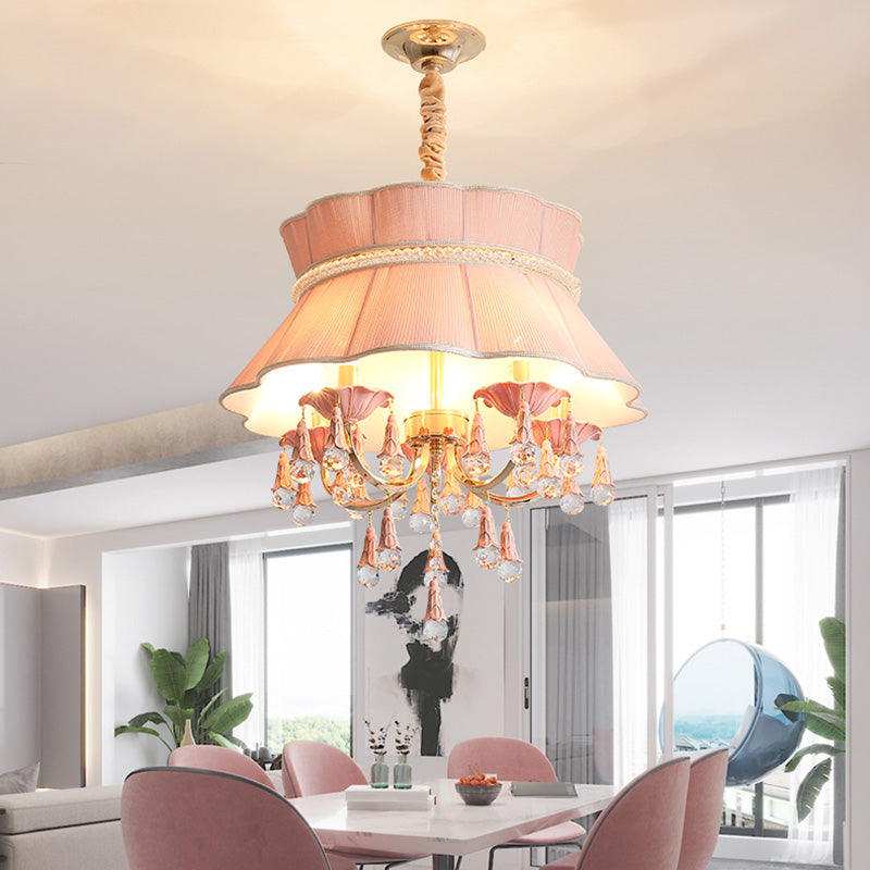 Modern Candelabra Hanging Light Kit 5 Heads Crystal Drop Pendant Chandelier in Blue/Pink with Fabric Shade Clearhalo 'Ceiling Lights' 'Chandeliers' Lighting' options 286912