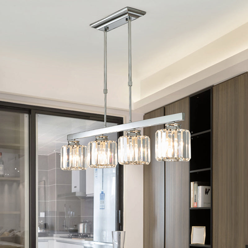Linear Dining Room Hanging Light Fixture Simple Tri-Sided Crystal Rod 3/4 Heads Silver Island Lamp 4 Silver Clearhalo 'Ceiling Lights' 'Island Lights' Lighting' 286924
