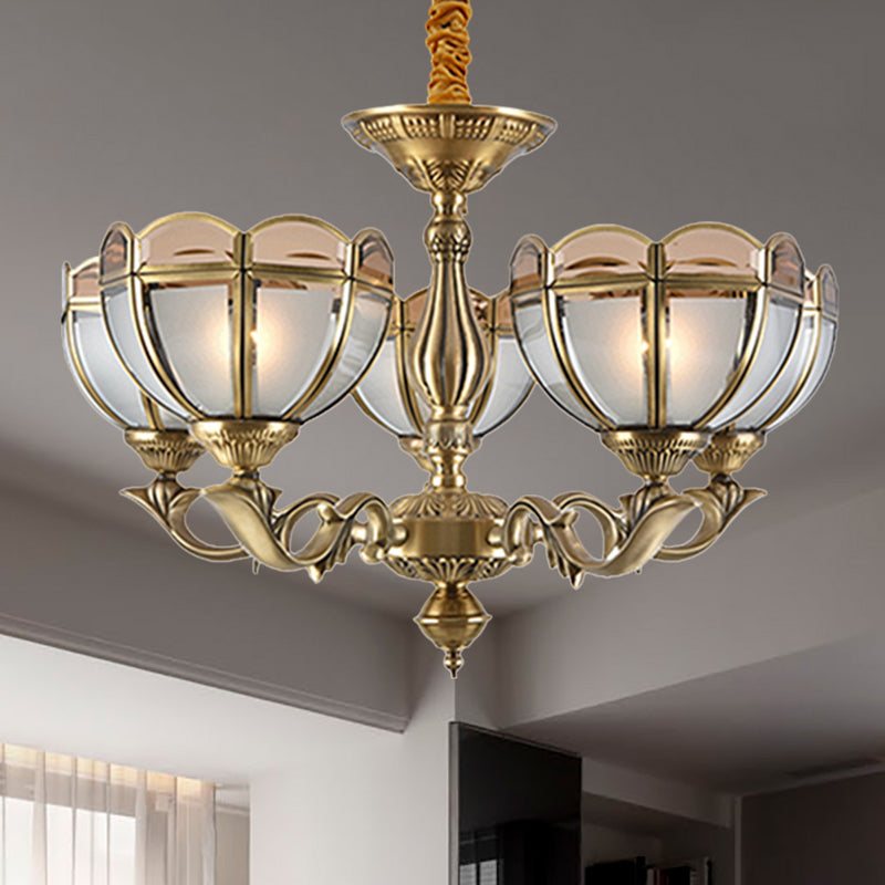 Beige Frosted Glass Gold Chandelier Lighting Dome 5/6 Bulbs Colonialist Hanging Ceiling Light Clearhalo 'Ceiling Lights' 'Chandeliers' 'Glass shade' 'Glass' Lighting' 286982
