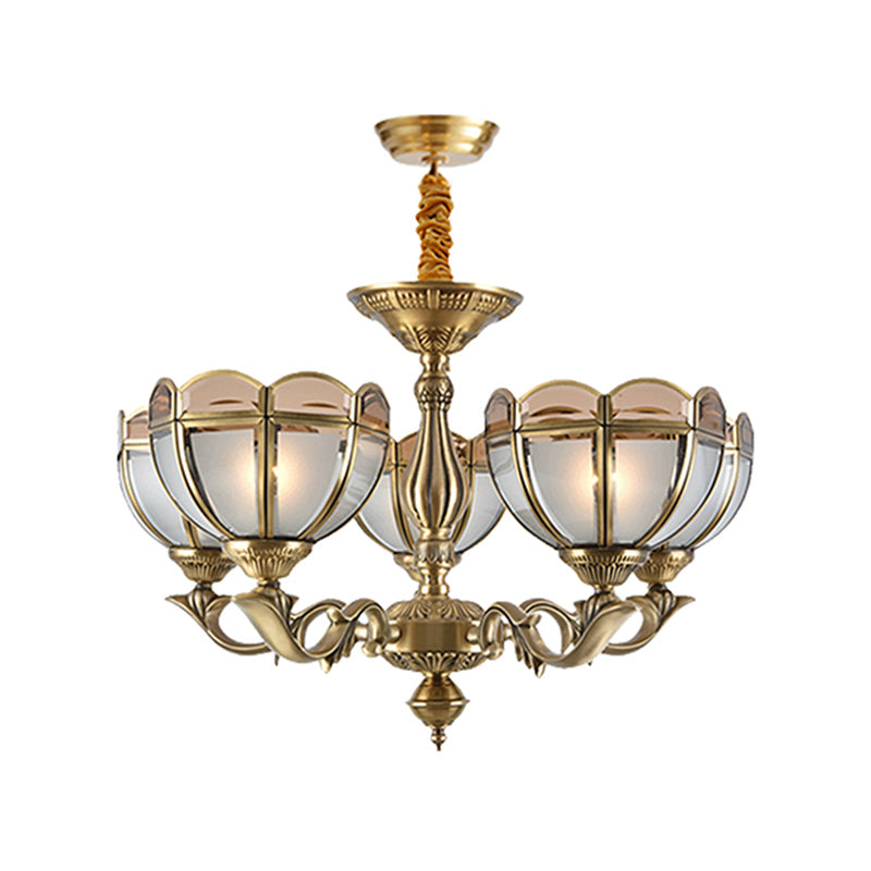 Beige Frosted Glass Gold Chandelier Lighting Dome 5/6 Bulbs Colonialist Hanging Ceiling Light Clearhalo 'Ceiling Lights' 'Chandeliers' 'Glass shade' 'Glass' Lighting' 286984