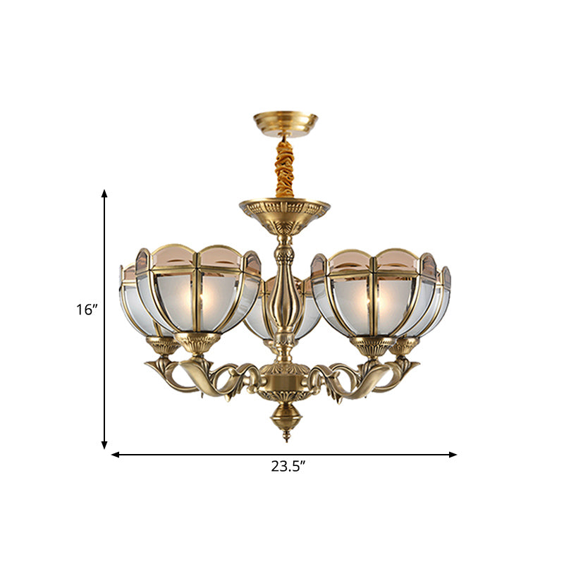 Beige Frosted Glass Gold Chandelier Lighting Dome 5/6 Bulbs Colonialist Hanging Ceiling Light Clearhalo 'Ceiling Lights' 'Chandeliers' 'Glass shade' 'Glass' Lighting' 286985