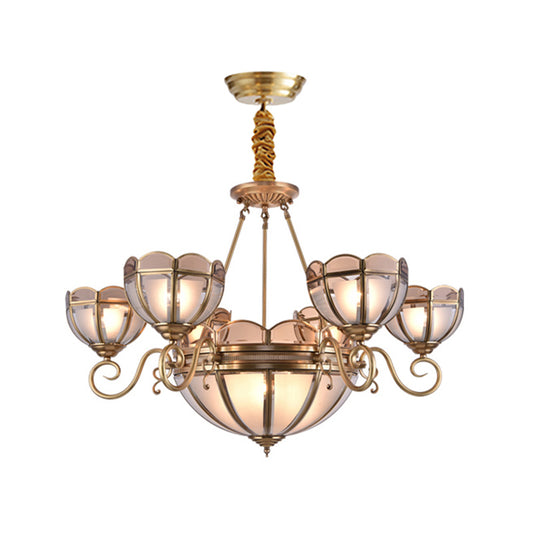 Beige Frosted Glass Gold Chandelier Lighting Dome 5/6 Bulbs Colonialist Hanging Ceiling Light 6 Gold Clearhalo 'Ceiling Lights' 'Chandeliers' 'Glass shade' 'Glass' Lighting' 286986