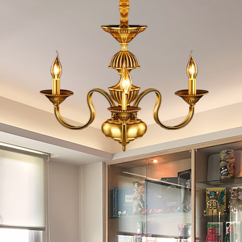 Candle Metal Pendant Chandelier Colonialism 3/5/6 Lights Dining Room Suspended Lighting Fixture in Brass 3 Brass Clearhalo 'Ceiling Lights' 'Chandeliers' Lighting' options 287000_eadae87a-c63d-4457-b6f2-d22e867773de