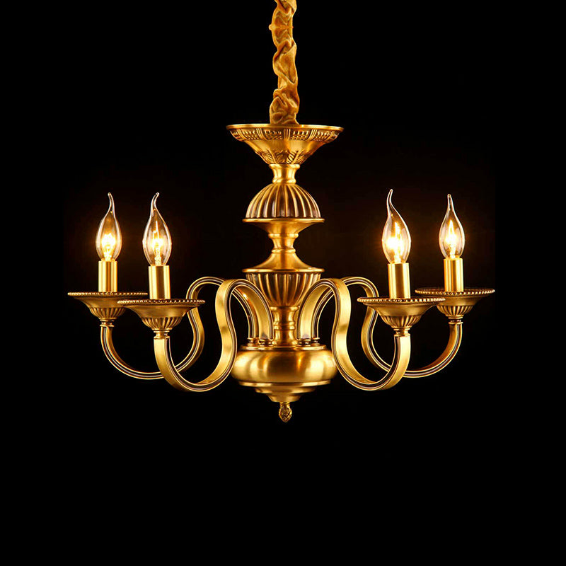 Candle Metal Pendant Chandelier Colonialism 3/5/6 Lights Dining Room Suspended Lighting Fixture in Brass 5 Brass Clearhalo 'Ceiling Lights' 'Chandeliers' Lighting' options 287005_1c3fd0f1-7d9d-4d2a-83e7-d72e7be9ac65