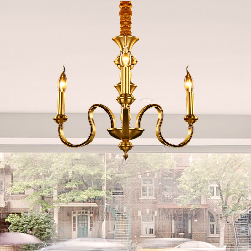 Gold Candle Shape Ceiling Pendant Light Colonialism Metal 3/5/6 Heads Living Room Chandelier Lamp 3 Gold Clearhalo 'Ceiling Lights' 'Chandeliers' Lighting' options 287012_59c24fae-fc0c-4570-ab64-bf98c4f02620