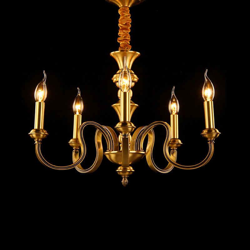 Gold Candle Shape Ceiling Pendant Light Colonialism Metal 3/5/6 Heads Living Room Chandelier Lamp 5 Gold Clearhalo 'Ceiling Lights' 'Chandeliers' Lighting' options 287017_80b1223b-323b-4ded-9e59-d4d372ddd3be