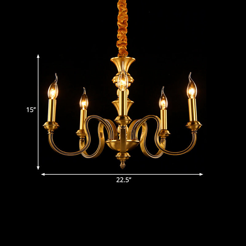 Gold Candle Shape Ceiling Pendant Light Colonialism Metal 3/5/6 Heads Living Room Chandelier Lamp Clearhalo 'Ceiling Lights' 'Chandeliers' Lighting' options 287018