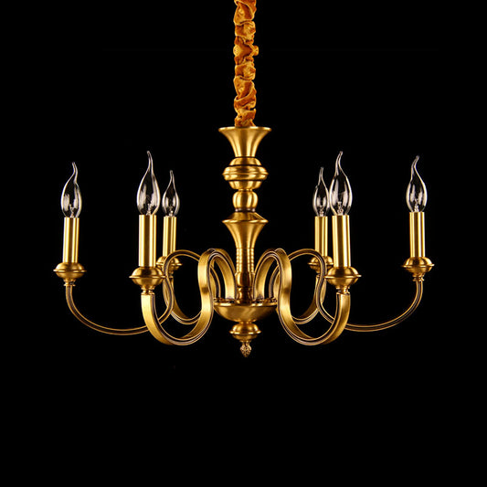 Gold Candle Shape Ceiling Pendant Light Colonialism Metal 3/5/6 Heads Living Room Chandelier Lamp Clearhalo 'Ceiling Lights' 'Chandeliers' Lighting' options 287019