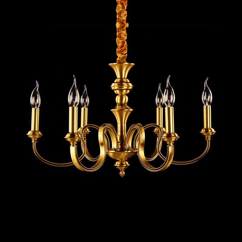 Gold Candle Shape Ceiling Pendant Light Colonialism Metal 3/5/6 Heads Living Room Chandelier Lamp 6 Gold Clearhalo 'Ceiling Lights' 'Chandeliers' Lighting' options 287019_92180022-d1af-470b-8917-160e9e8b0f84