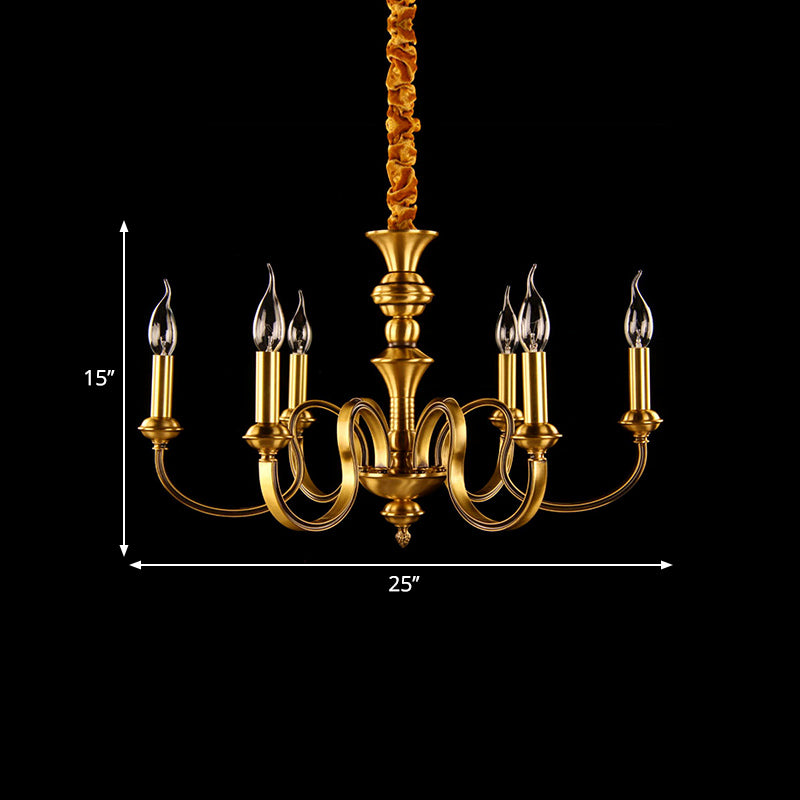 Gold Candle Shape Ceiling Pendant Light Colonialism Metal 3/5/6 Heads Living Room Chandelier Lamp Clearhalo 'Ceiling Lights' 'Chandeliers' Lighting' options 287020