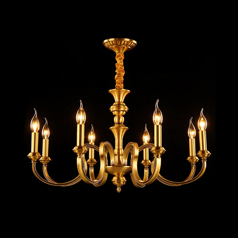 Gold Candle Shape Ceiling Pendant Light Colonialism Metal 3/5/6 Heads Living Room Chandelier Lamp 8 Gold Clearhalo 'Ceiling Lights' 'Chandeliers' Lighting' options 287022_8ab41300-75cb-4b3c-88ac-cd38b431b7c4