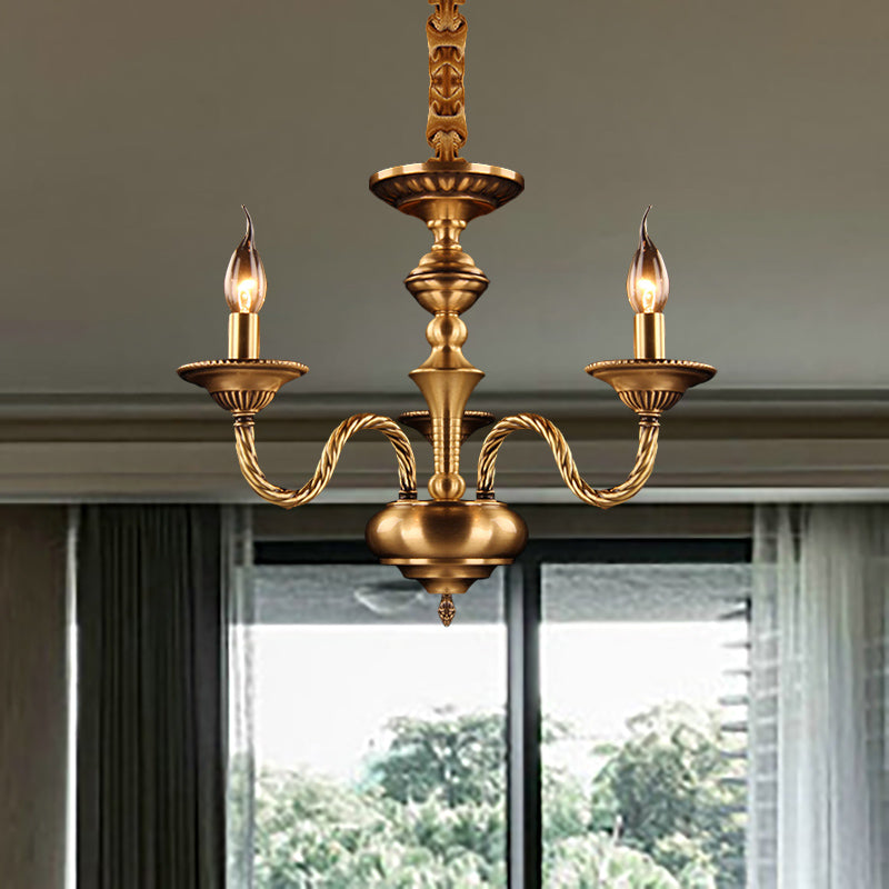 Colonial Candle Chandelier Pendant Lighting 3/5/6 Lights Metal Hanging Ceiling Lamp in Brass with Curved Hemp Rope Design Arm 3 Brass Clearhalo 'Ceiling Lights' 'Chandeliers' Lighting' options 287030_bd9c0e22-90d7-4a32-a7d6-cc4b4a666ce2
