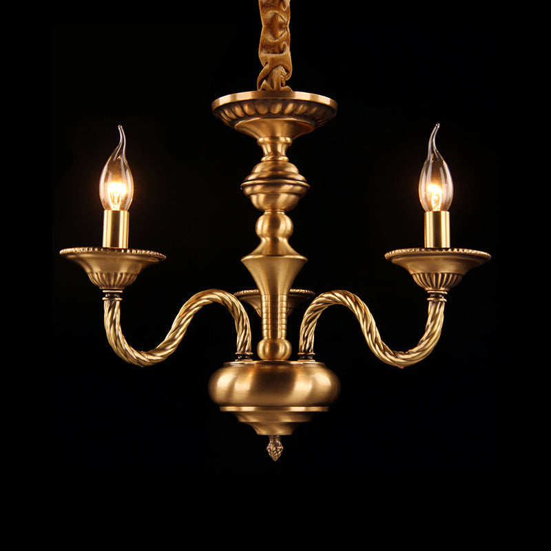 Colonial Candle Chandelier Pendant Lighting 3/5/6 Lights Metal Hanging Ceiling Lamp in Brass with Curved Hemp Rope Design Arm Clearhalo 'Ceiling Lights' 'Chandeliers' Lighting' options 287033