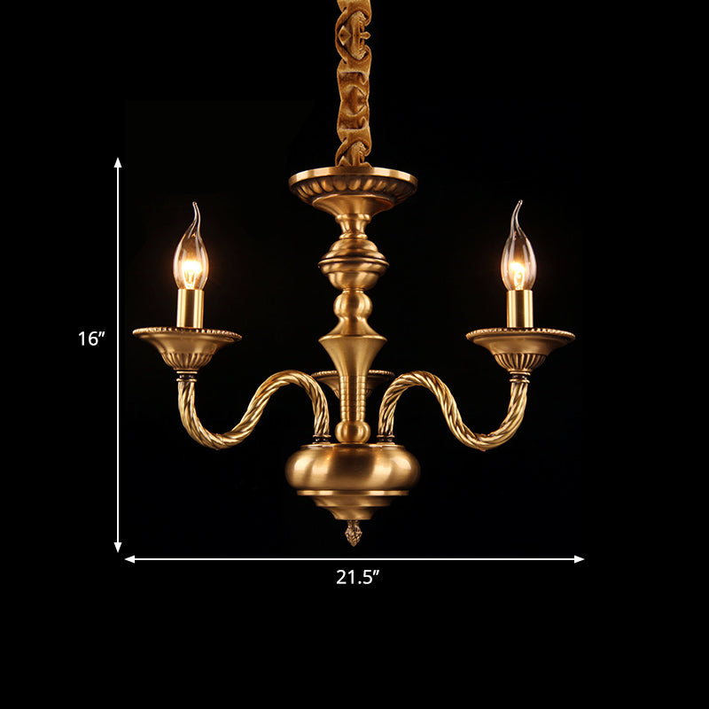 Colonial Candle Chandelier Pendant Lighting 3/5/6 Lights Metal Hanging Ceiling Lamp in Brass with Curved Hemp Rope Design Arm Clearhalo 'Ceiling Lights' 'Chandeliers' Lighting' options 287034