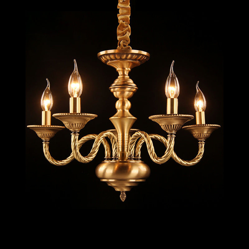 Colonial Candle Chandelier Pendant Lighting 3/5/6 Lights Metal Hanging Ceiling Lamp in Brass with Curved Hemp Rope Design Arm Clearhalo 'Ceiling Lights' 'Chandeliers' Lighting' options 287035
