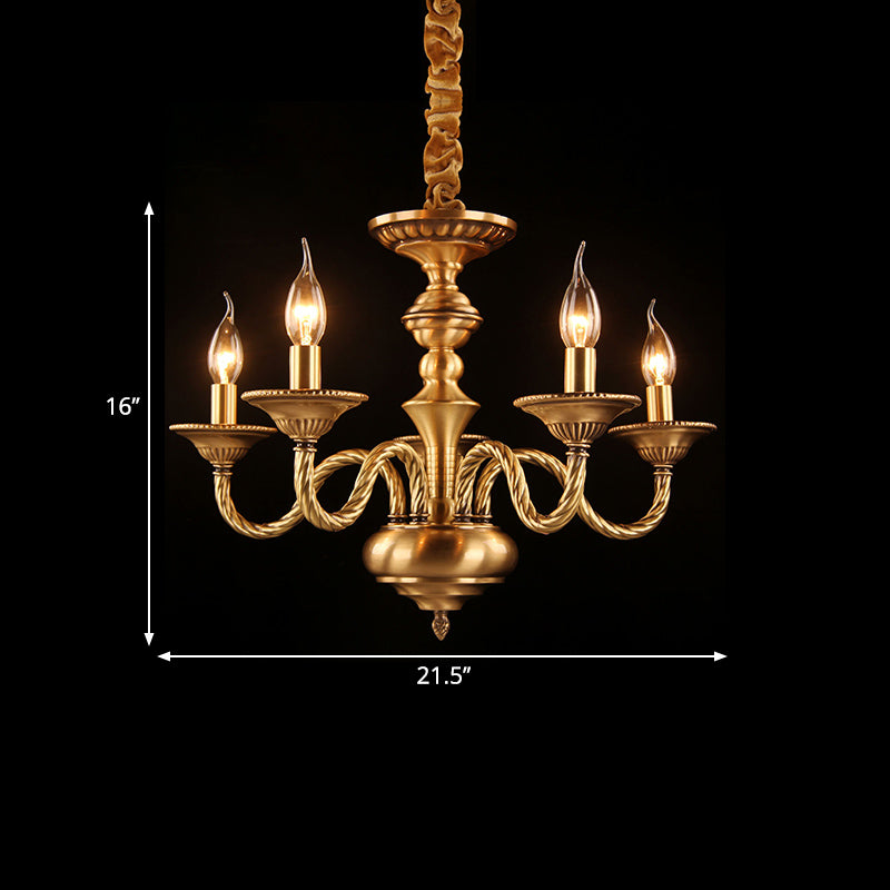 Colonial Candle Chandelier Pendant Lighting 3/5/6 Lights Metal Hanging Ceiling Lamp in Brass with Curved Hemp Rope Design Arm Clearhalo 'Ceiling Lights' 'Chandeliers' Lighting' options 287036