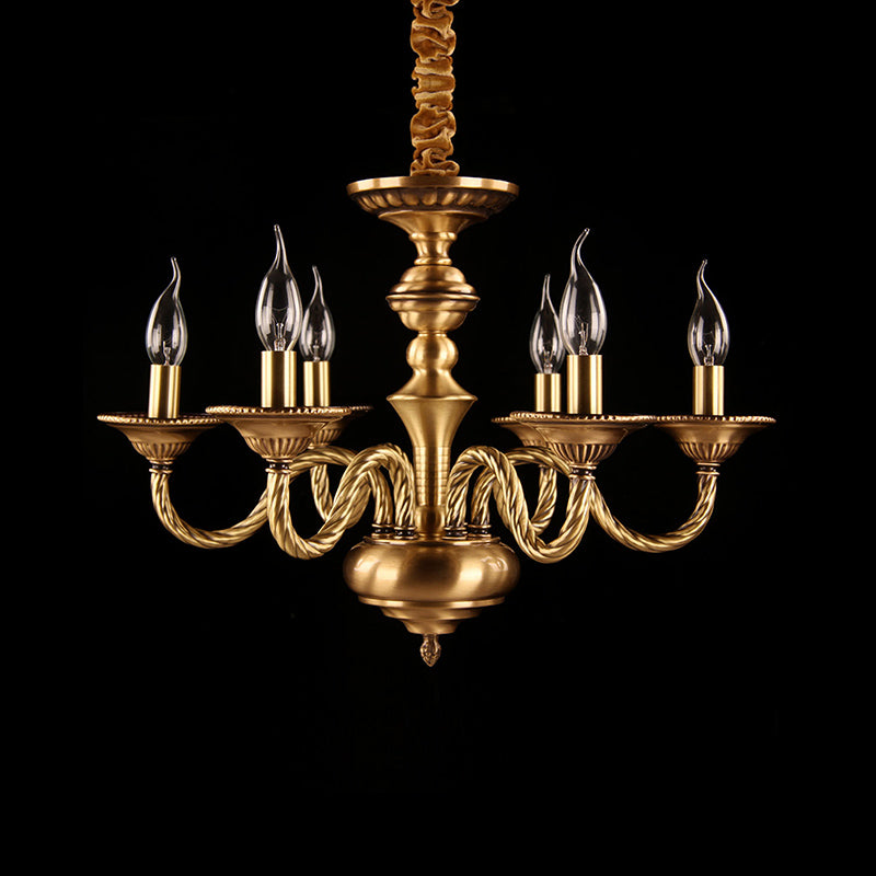 Colonial Candle Chandelier Pendant Lighting 3/5/6 Lights Metal Hanging Ceiling Lamp in Brass with Curved Hemp Rope Design Arm 6 Brass Clearhalo 'Ceiling Lights' 'Chandeliers' Lighting' options 287037_24fd4ec9-6a3a-4184-ba9f-31ca42456947
