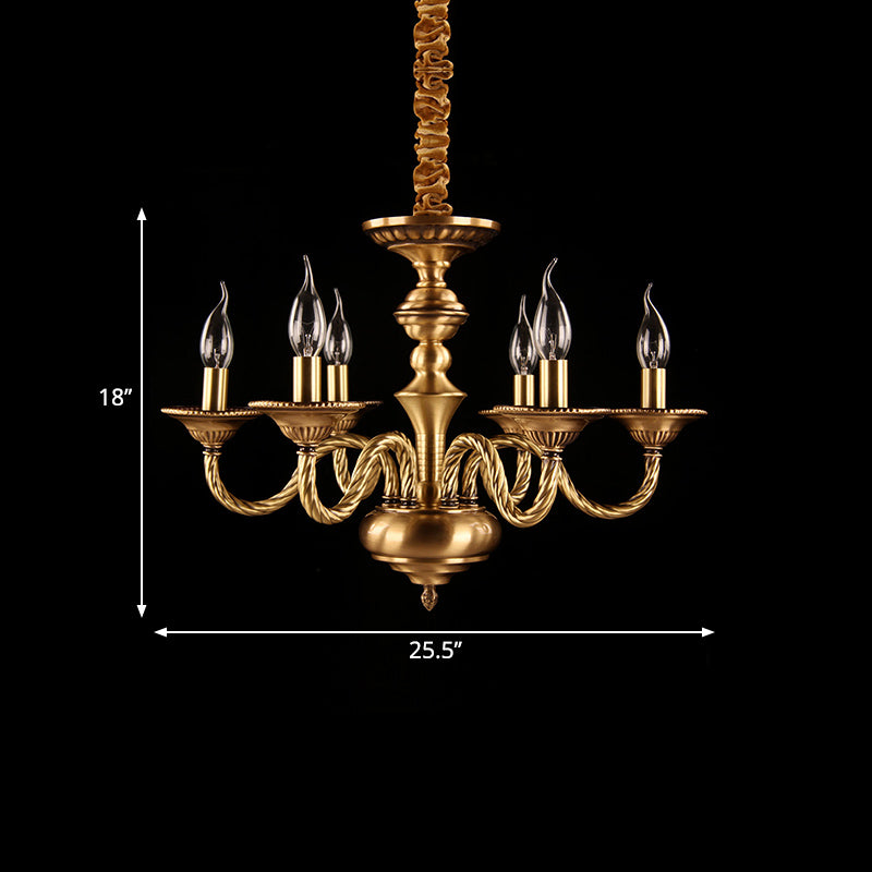 Colonial Candle Chandelier Pendant Lighting 3/5/6 Lights Metal Hanging Ceiling Lamp in Brass with Curved Hemp Rope Design Arm Clearhalo 'Ceiling Lights' 'Chandeliers' Lighting' options 287038