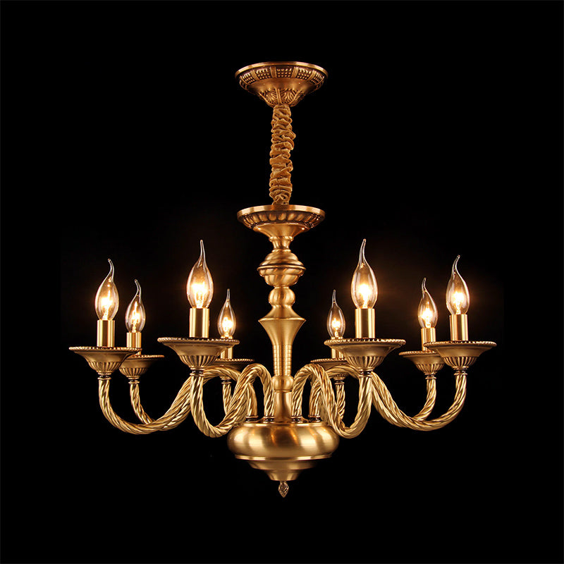 Colonial Candle Chandelier Pendant Lighting 3/5/6 Lights Metal Hanging Ceiling Lamp in Brass with Curved Hemp Rope Design Arm Clearhalo 'Ceiling Lights' 'Chandeliers' Lighting' options 287040