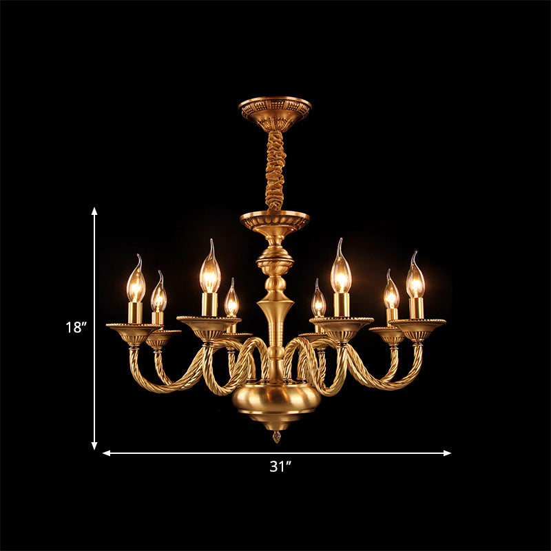 Colonial Candle Chandelier Pendant Lighting 3/5/6 Lights Metal Hanging Ceiling Lamp in Brass with Curved Hemp Rope Design Arm Clearhalo 'Ceiling Lights' 'Chandeliers' Lighting' options 287041