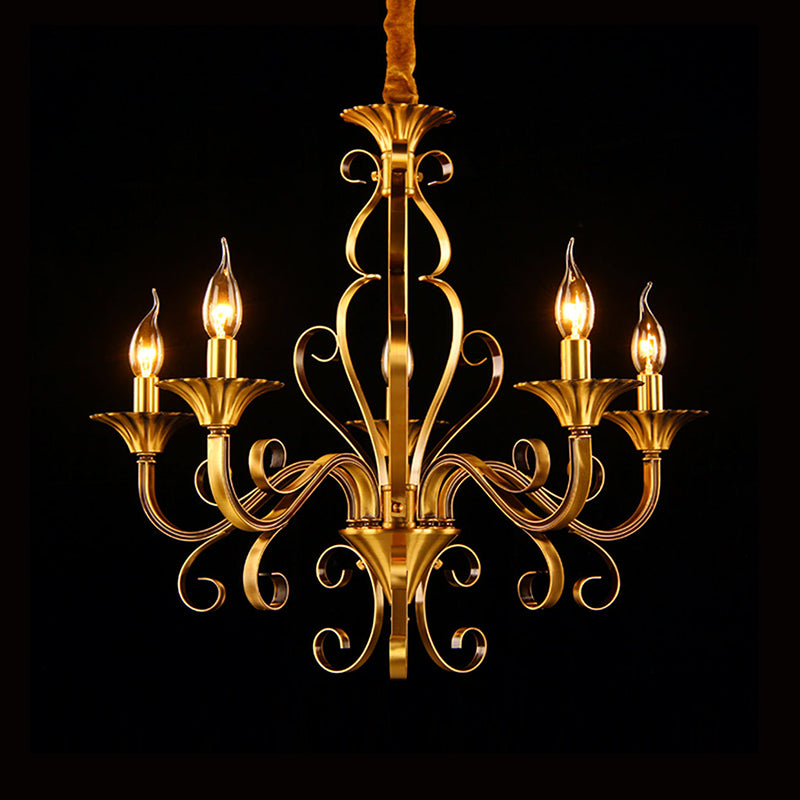 5/6/8 Lights Chandelier Pendant Lamp Colonialism Candle Shape Metal Ceiling Suspension Light in Gold Clearhalo 'Ceiling Lights' 'Chandeliers' 'Glass shade' 'Glass' Lighting' 287045
