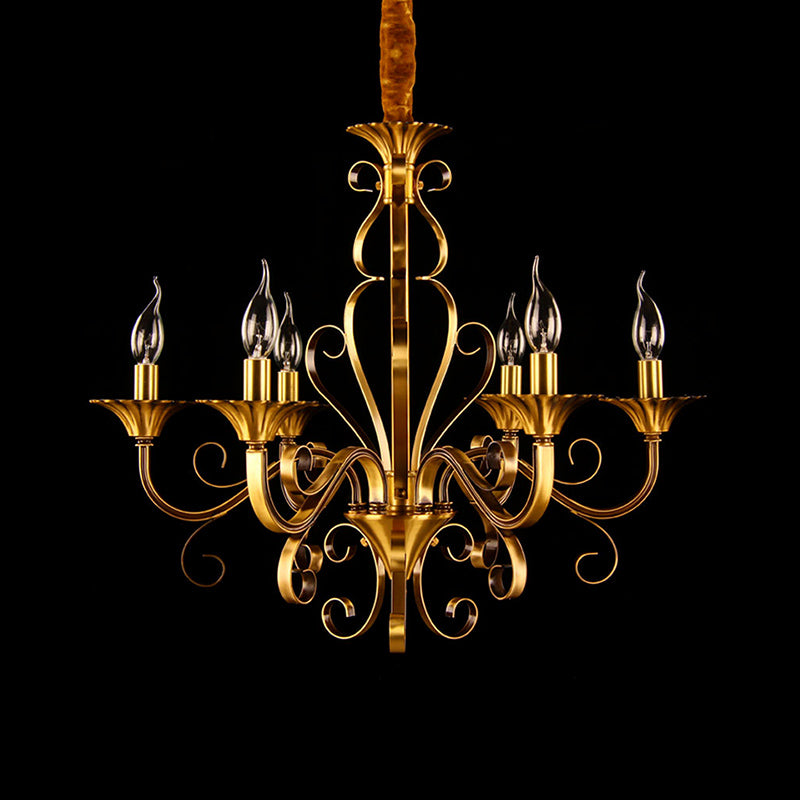 5/6/8 Lights Chandelier Pendant Lamp Colonialism Candle Shape Metal Ceiling Suspension Light in Gold 6 Gold Clearhalo 'Ceiling Lights' 'Chandeliers' 'Glass shade' 'Glass' Lighting' 287047