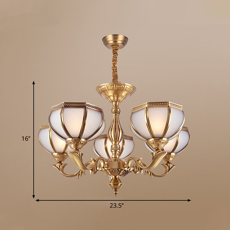 White Frosted Glass Dome Hanging Chandelier Colonial 3/5/9 Bulbs Living Room Suspension Pendant Light Clearhalo 'Ceiling Lights' 'Chandeliers' 'Glass shade' 'Glass' 'Pendant Lights' Lighting' 287069